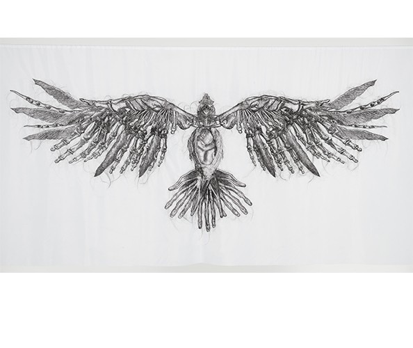 Angela Su, “Laden Raven,” 2022. Hair Embroidery on fabric, 140 x 290 cm.