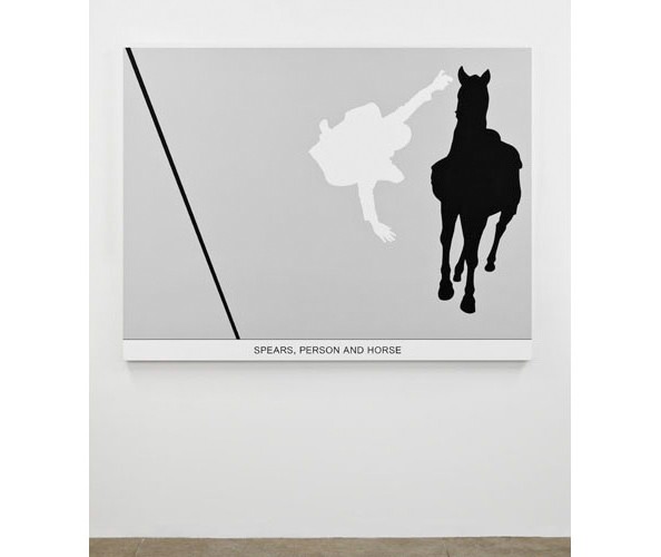 John Baldessari. Sediment: Spear, Person and Horse, 2010. Varnished archival print on canvas with oil and acrylic paint, 54 x 70 in. (137.2 x 177.8 cm.). Courtesy of John Baldessari.