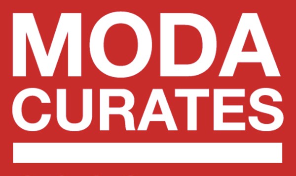 MODA Curates logo. The words MODA Curates appear in a white, capital san serif font on a red rectangular background. They are underlined by a white rule with a thickness that approximates that of the letters in the acronym MODA.