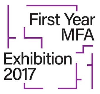 Exhibition logo reading "First Year MFA Exhibition 2017" surrounded by purple lines reminiscent of a floor plan.