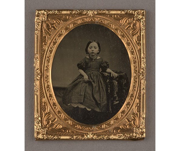 Unknown photographer. "A Girl," 1860s. Sixth-plate tintype with hand coloring with brass mat and preserver. Art Properties, Avery Architectural & Fine Arts Library, Columbia University, Gift of Robert Shlaer and M. Susan Barger.