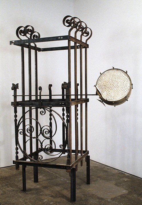 Terry Adkins, Sermonesque, 2003  Metal and drum with buttons 84 x 17 x 30 in. 