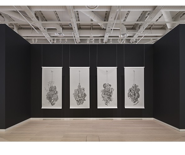 Installation view of Angela Su: Melencolia, on view at the Wallach Art Gallery February 2 - March 10, 2024. Photograph by Olympia Shannon.