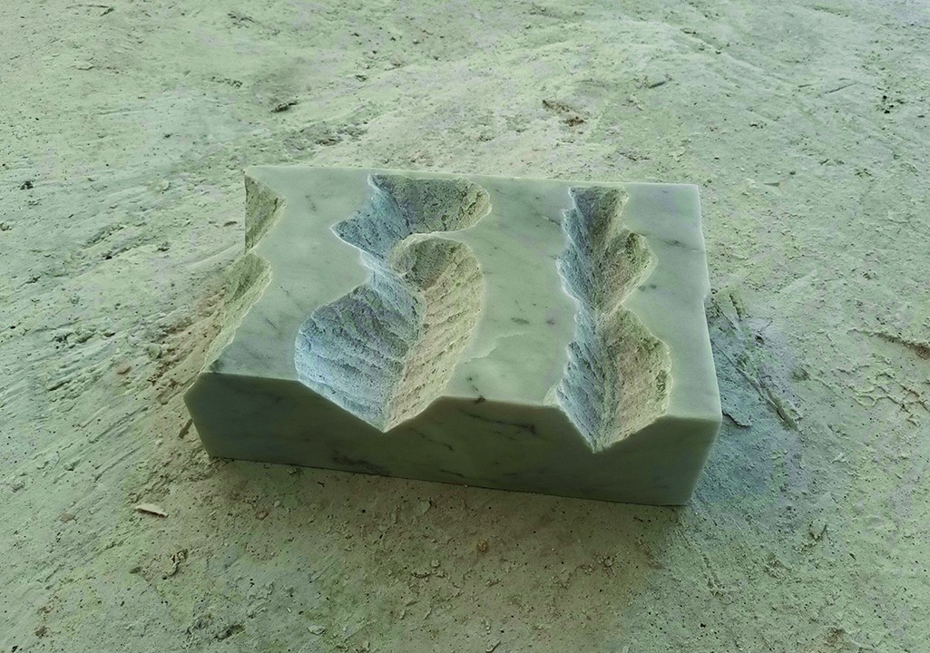 Maria Chavez, "Topography of Sound: Vinyl Goove #1," 2022. Carrara marble; 7 5/8 x 11 7/8 x 3 7/8 in.