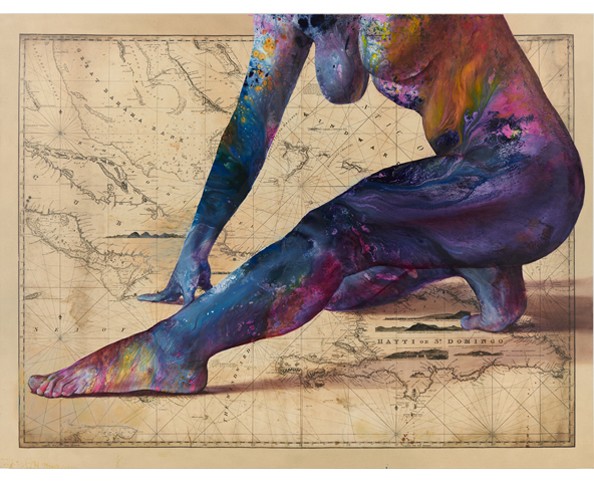 artwork by Firelei Báez showing a large figure from the shoulders downward, kneeling with one leg extended on an antique map the Windward Passge between Cuba and Haiti. The figure's skin is abstractly colored with blues, purples, and yellow.