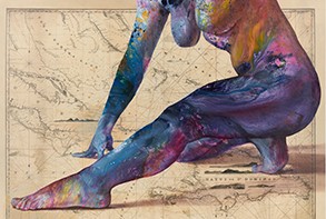 artwork by Firelei Báez showing a large figure from the shoulders downward, kneeling with one leg extended on an antique map the Windward Passge between Cuba and Haiti. The figure's skin is abstractly colored with blues, purples, and yellow.