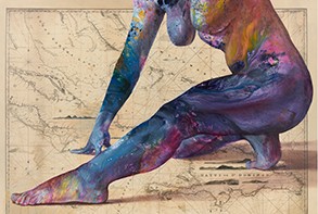 Firelei Báez, "Untitled (New Chart of the Windward Passages)," 2020. Oil and acrylic on archival printed canvas; 66 x 86 1/4 in (167.6 x 219.1 cm). Photograph by Phoebe d'Heurle; courtesy of the artist and James Cohan, New York. artwork by Firelei Báez showing a large figure from the shoulders downward, kneeling with one leg extended on an antique map the Windward Passge between Cuba and Haiti. The figure's skin is abstractly colored with blues, purples, and yellow.