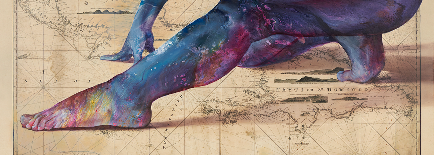 Detail of an artwork by Firelei Báez showing the lower part of a large figure kneeling with one leg extended on an antique map of the Windward Passage between Cuba and Haiti. The figure's skin is abstractly colored with blues, purples, and yellow.