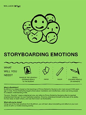 STORYBOARDING EMOTIONS Front page of a Wallach Kids activity titled "Storyboarding Emotions." A black illustration with overlapping circular faces showing different emotions tops visual instruction guide and descriptive text. The sheet is green with black text and illustrations.