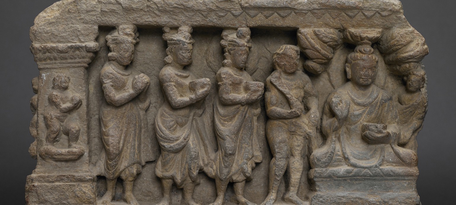 The Lokapala Offering Bowls to the Buddha, 2nd–3rd century; Gandhara. Schist. Art Properties, Avery Architectural & Fine Arts Library, Columbia University, Gift of Gary K. Johnson and Allyson Powers Johnson.