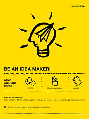 BE AN IDEA MAKER. Front page of the Wallach Kids activity guide titled "Be An Idea Maker." A line drawing illustration of a light bulb shaped like the profile of a face with a paper airplane on top. The sheet is yellow with black text and illustrations.