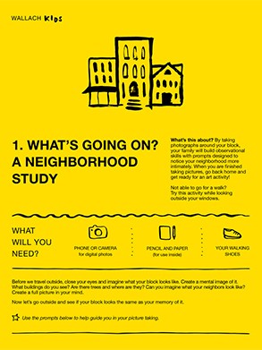Front page of the Wallach Kids activity guide titled "What's Going On? A Neighborhood Study." A line drawing illustration of three city buildings tops a visual instruction guide and descriptive text. The sheet is yellow with black text and illustrations.
