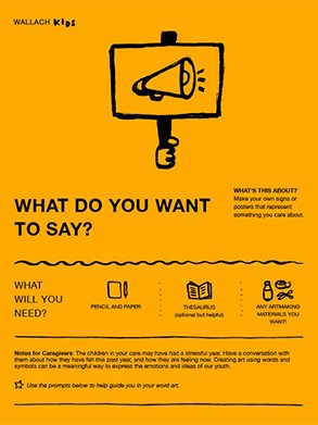 WHAT DO YOU WANT TO SAY? Front page of the Wallach Kids activity guide titled "What Do You Want to Say?". A line drawing illustration of a hand holding a protest sign showing a megaphone tops a visual instruction guide and descriptive text. The sheet is orange with black text and illustrations.