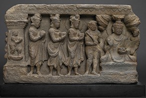 Maker unknown, Gandhara .The Lokapala Offering Bowls to the Buddha, 2nd–3rd century. A stone relief with four standing figures lined up to offer bowls to a seated Buddha
