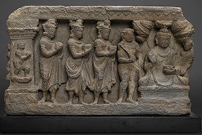 Maker unknown, Gandhara .The Lokapala Offering Bowls to the Buddha, 2nd–3rd century. Collection of Art Properties, Avery Architectural and Fine Arts Library, Columbia University Maker unknown, Gandhara .The Lokapala Offering Bowls to the Buddha, 2nd–3rd century. A stone relief with four standing figures lined up to offer bowls to a seated Buddha