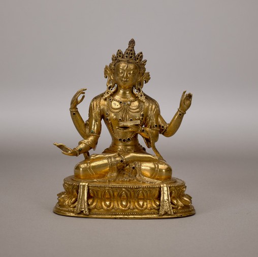 Bodhisattva (Possibly Manjusri) Reliquary, 18th century; Tibet. Gilded copper-zinc alloy (brass) with traces of polychromy and semiprecious stones. Art Properties, Avery Architectural & Fine Arts Library, Columbia University.