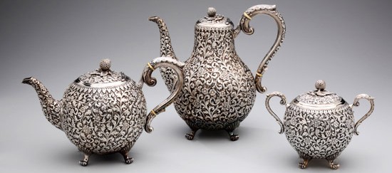 Tea Service (teapot, milk jug, sugar bowl), Oomersee Mawjee, Kutch, ca. 1884, silver
