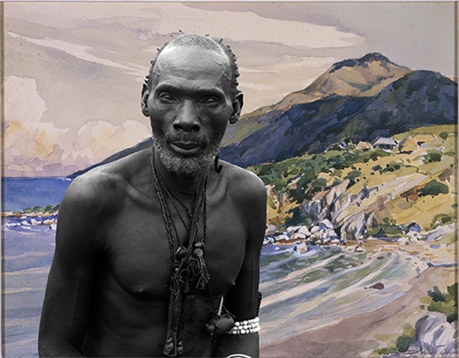 Sammy Baloji. Portratit #1: Kalamata, chief of the Luba against watercolor by Dardenne, from the series "Congo Far West: Retracing Charles Lemaire's expedition," 2011. Courtesy the artist and Axis Gallery, NY/NJ.