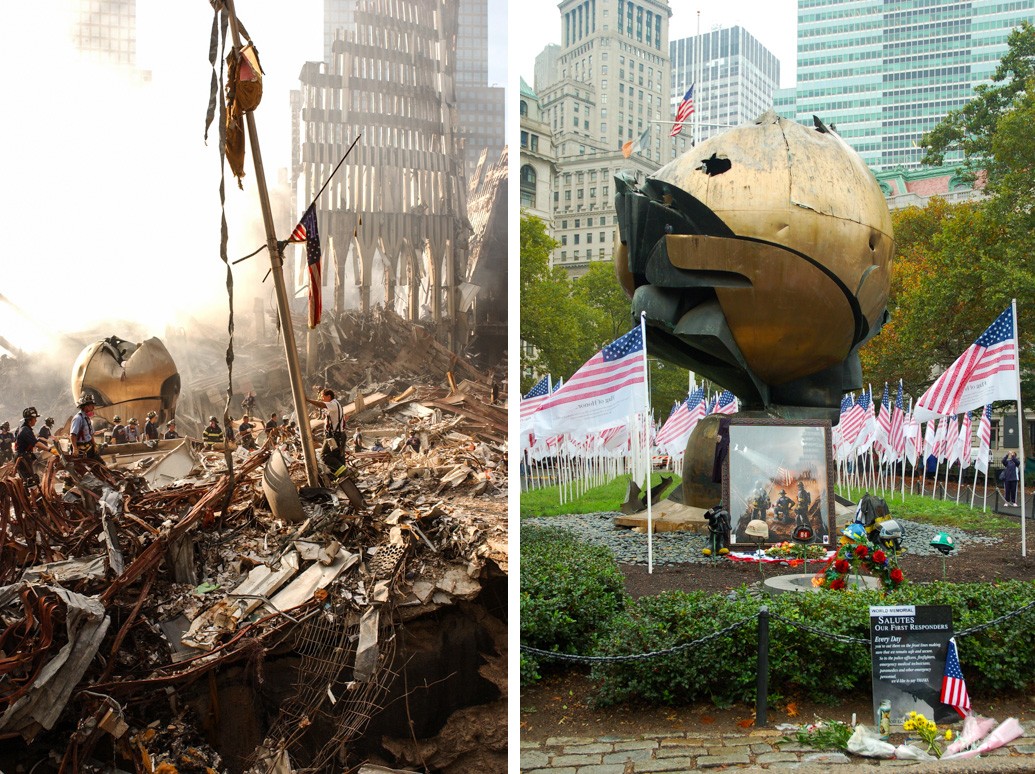 Left: The Recovery of Fritz Koenig’s "Great Caryatid Sphere" following the 9/11 terrorist attack. Photo: Andrea Booher/FEMA, September 16, 2001 Right: Koenig’s "Sphere" installed as a 9/11 Memorial in Battery Park. Photo: Gareth Poulton, September 11, 2007