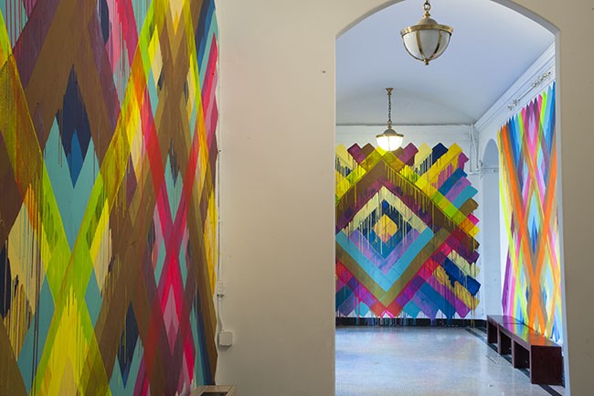 Maya Hayuk. From the Chem Trails Series, installation view at Miller Theatre Lobby, Fall 2014. Photograph by Gerald Sampson.