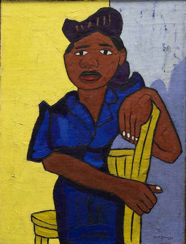 William H. Johnson (American, 1901–1970). Woman in Blue, c. 1943. Oil on burlap, 35 x 27 in. (88.9 x 68.6 cm). Clark Atlanta University Art Museum, Permanent Loan to the Metropolitan Museum of Art from the National Collection of Fine Art, 1969.013