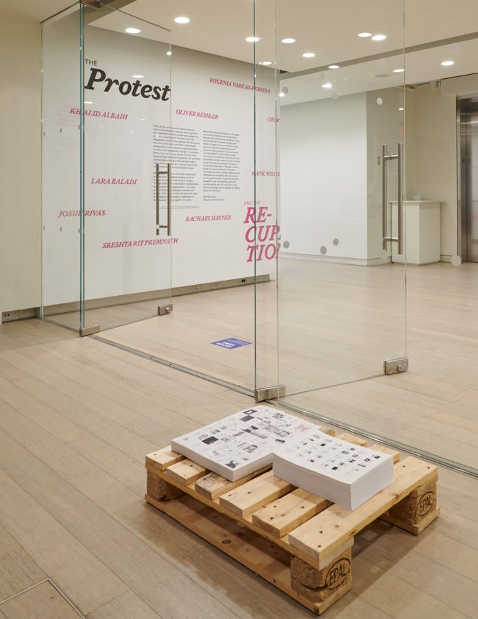 Installation view showing work by the artist Lara Baladi from the exhibition “The Protest and The Recuperation” on view at the Wallach Art Gallery, Columbia University. Photograph by Kyle Knodell.