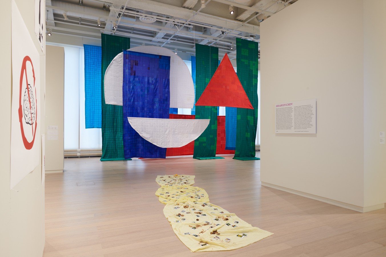 Installation view showing work by the artist Sharon Chin from the exhibition “The Protest and The Recuperation” on view at the Wallach Art Gallery, Columbia University. Photograph by Kyle Knodell.