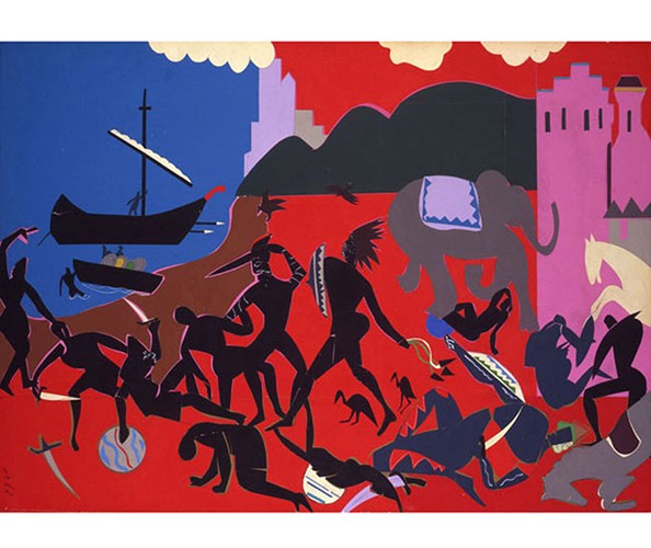Battle with Cicones, 1977. Collage of various papers with paint and graphite on fiberboard. Art © Romare Bearden Foundation, Licensed by VAGA, New York