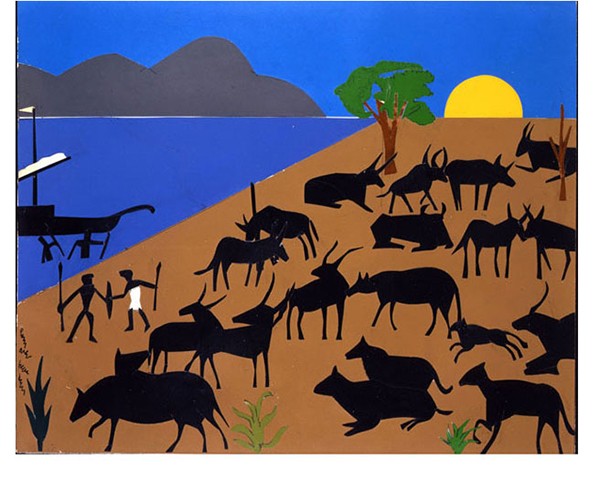 Cattle of the Sun God, 1977. Collage of various papers with paint and graphite on fiberboard. Art © Romare Bearden Foundation, Licensed by VAGA, New York