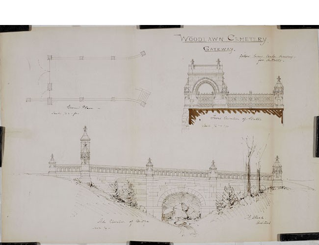 Architect Charles B. Atwood designed this gateway for Woodlawn. Atwood is best known for designing structures at the World's Columbian Exposition of 1893 in Chicago. Avery Library, Drawings & Archives, Woodlawn Cemetery Records.