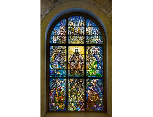The Christ in Majesty window made by Tiffany Studios for Harbeck mausoleum, ca. 1917 is a highlight of the exhibition. Photograph by Gavin Ashworth. Courtesy The Woodlawn Cemetery.