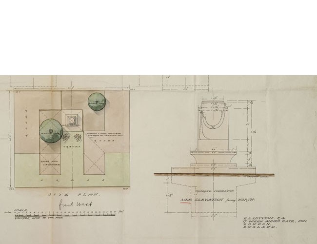 This detail from a drawing of a memorial to the English actor James Hackett illustrates one of only two structures in the United States by the renowned British architect Edwin Lutyens. The British Embassy in Washington is the other. Avery Library, Drawings & Archives, Woodlawn Cemetery Records.