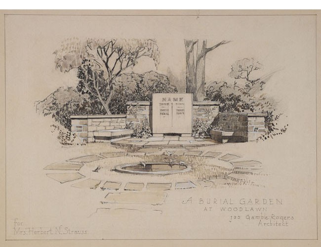Monument and bird bath designed by James Gamble Rogers (architect of Butler Library) in 1939 for the Edward and Millie Kuhn lot in Knollwood plot. Avery Library, Drawings & Archives, Woodlawn Cemetery Records.