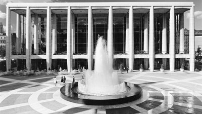 Max Abramovitz Philharmonic Hall, Lincoln Center for the Performing Arts, New York View of façade with plaza fountain, 1962 Ezra Stoller, photographer.