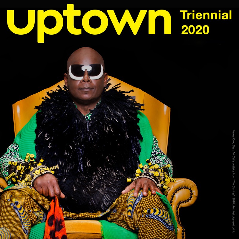 The words "Uptown Triennial 2020" are printed  in yellow across the top of a detail of a photograph by the artist Renee Cox showing a Black man seated on an orange upholstered chair