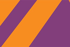 Visual Arts Class of 2022 Thesis Exhibition graphic: orange and purple diagonal stripes of varying widths