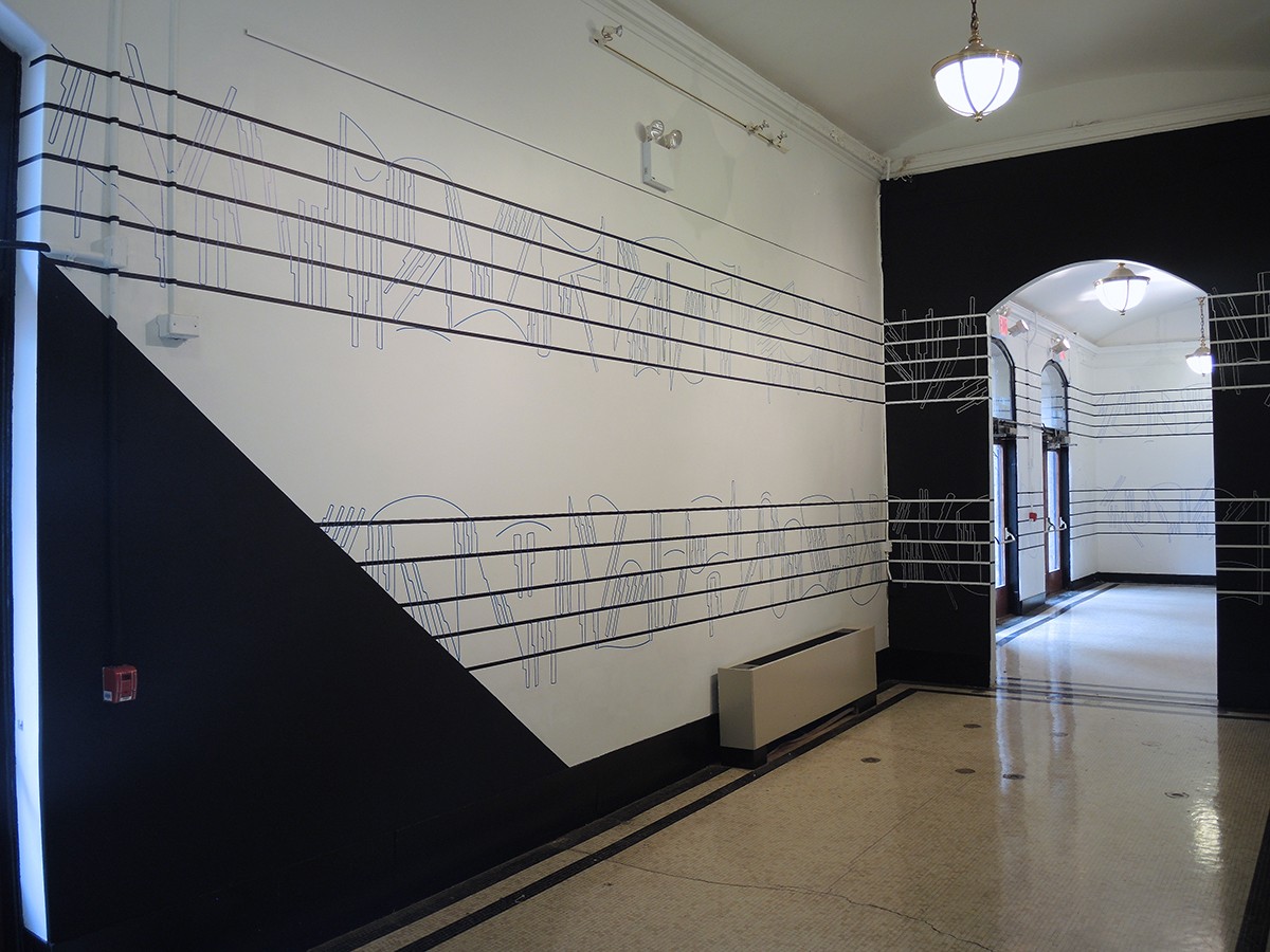 Installation view of the work Vector Composition No. 1, 2013 by Vargas-Suarez Universal, Miller Theater Lobby at Columbia University October 2013 - June 2014. Photograph by Gerald Sampson.