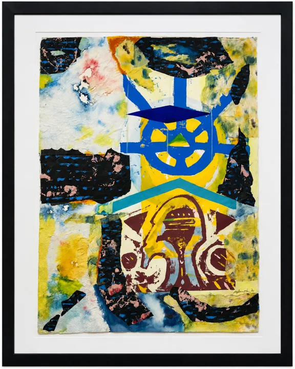 Ademola Olugebefola, "Round About Midnight: for Thelonious Monk," 1995. Limited edition serigraph, luma ink, acrylic paint, and collage on handmade paper, 30 x 22 in. Courtesy of Voza Rivers Collection.