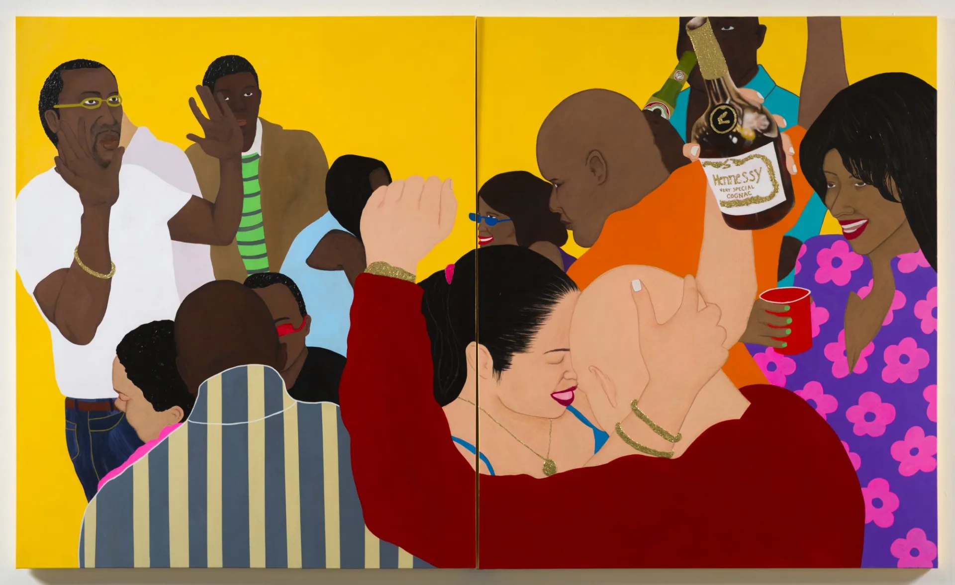 Tiffany Alfonseca, "Coro en 3039 Wallace (De Lo Mío)," 2021. Acrylic paint, glitter, colored pencil,and charcoal on canvas; Two parts, each 60 x 72 in.
