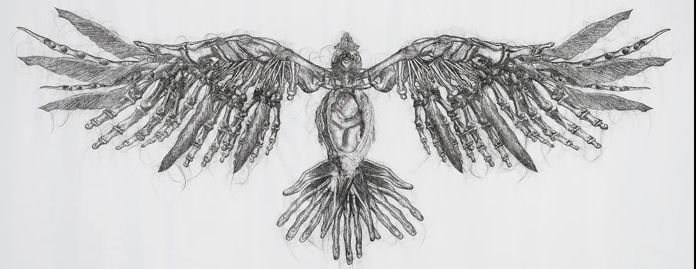 Angela Su, Laden Raven, 2018. Hair embroidery on fabric.