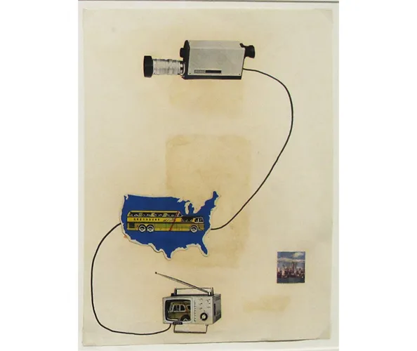 Ant Farm, "Antioch Greyhound (Truckstop Network Proposals folder)," 1971. Work on paper, 11 x 8 1/2 in. University of California, Berkeley Art Museum and Pacific Film Archive; Purchase made possible through a bequest of Thérèse Bonney by exchange, a partial gift of Chip Lord and Curtis Schreier and gifts from an anonymous donor and Harrison Fraker, © Chip Lord, Curtis Schreier