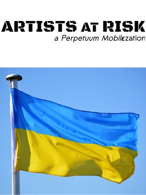 Logo for the organization Artists at Risk above a photograph of the Ukrainian flag. 