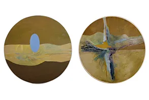 Left: Betty Blayton, “At Onement,” 1970. Acrylic on canvas, 40 in. round. Right: Betty Blayton, “To Soar,” 1977. Oil and mixed media on canvas, 40 in. round. 