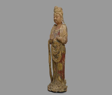 Bodhisattva Standing on a Lotus Base, 960–1279, Song dynasty; China. Paulownia (foxglove) wood with polychromy. Art Properties, Avery Architectural & Fine Arts Library, Columbia University, Arthur M. Sackler Collections.