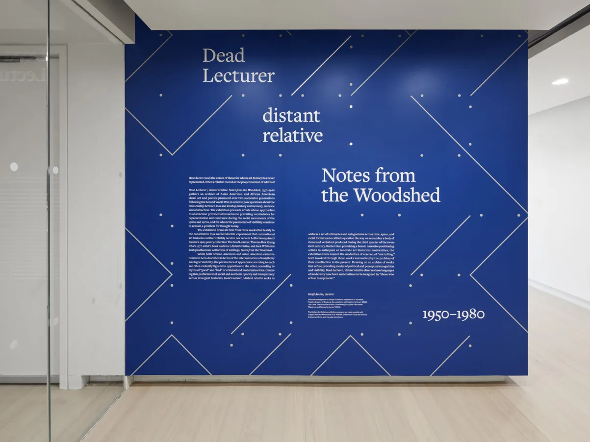Installation view of the exhibition "Dead Lecturer / distant relative: Notes from the Woodshed 1950-1980" curated by Genji Amino. On view at the Wallach Art Gallery, Columbia University, July 9 - October 1, 2022.