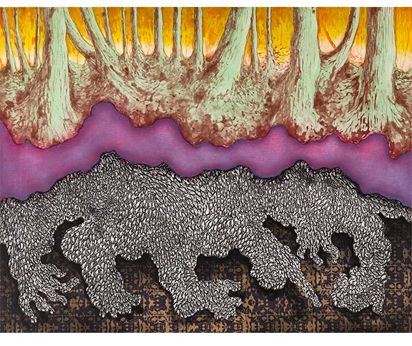 Didier William, "Cursed Grounds: Blessed Bones," 2022. Aquatint, line etch, soft ground, open bite, and spit bite; 44 x 35 5/8 in. Image courtesy the artist.