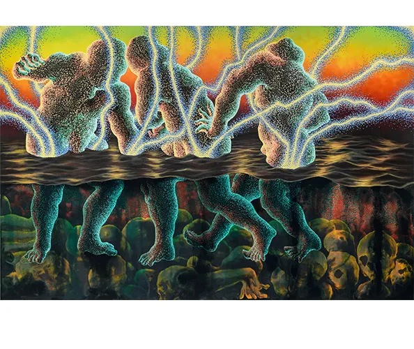 Didier William, Recovery and Reconnaissance: Haiti to Miami, 2024. Acrylic, ink, wood carving on panel; 70 x 106 in. Image courtesy the artist.
