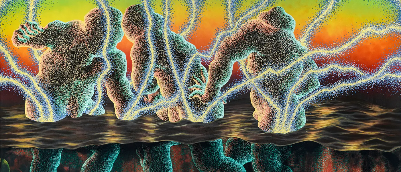 Didier William, "Recovery and Reconnaissance: Haiti to Miami," 2024. Acrylic, ink, wood carving on panel; 70 x 106 in. Image courtesy the artist.