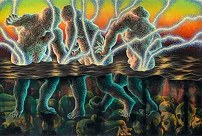 Didier William, "Recovery and Reconnaissance: Haiti to Miami," 2024. Acrylic, ink, wood carving on panel; 70 x 106 in. Image courtesy the artist.