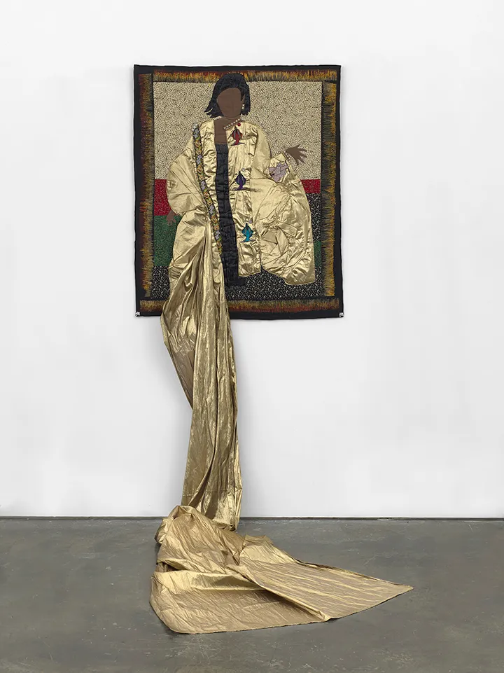 Dindga McCannon, "Bessie’s Song," 2003. Appliqué on cotton quilt, gold lamé, vintage beaded trim, embroidered patches, glass beads, metallic threads, and quilted panel, 44 x 36 inches.